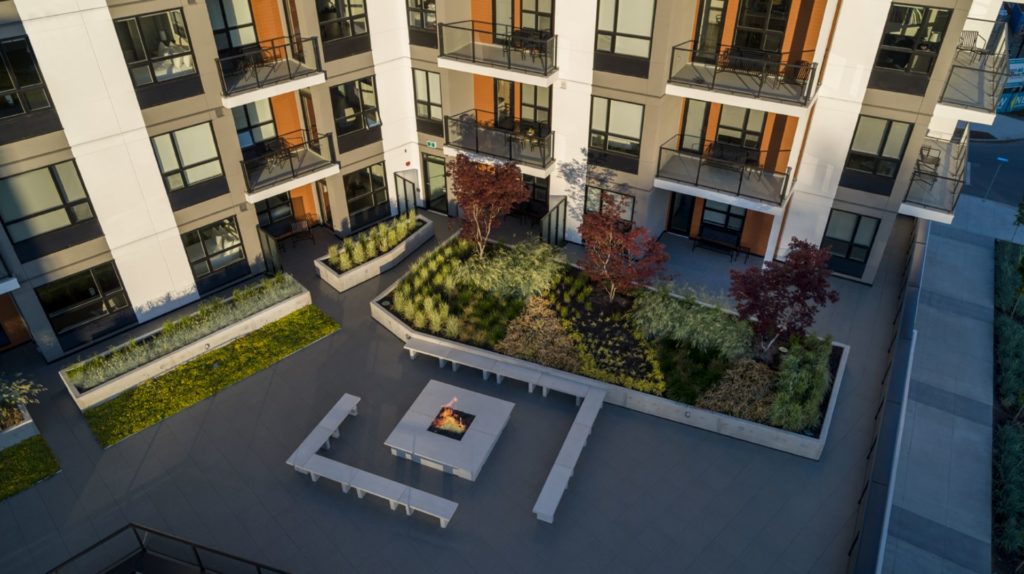 a top-down view of The Shores outdoor terrace and fireplace