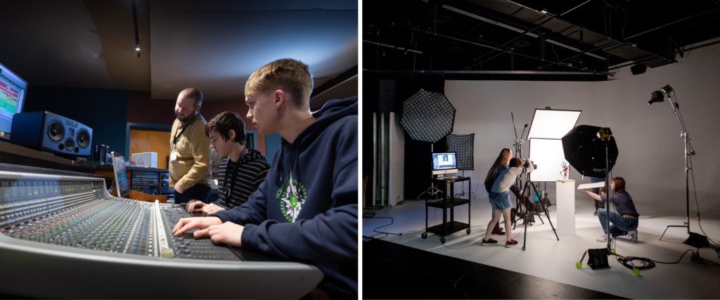 two images side-by-side, one of two AV students and a professor looking at a soundboard, and the other of three students taking product photography in a studio, highlighting the programs at CATO in Kelowna