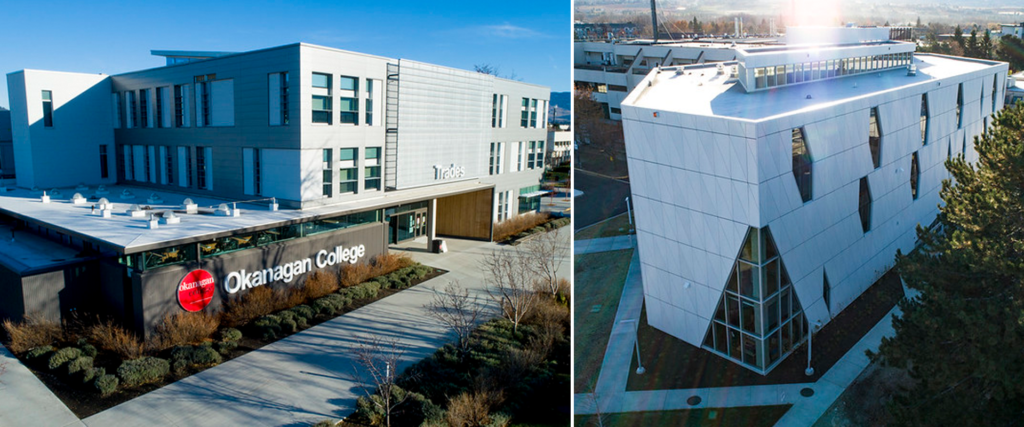 the okanagan college trades health buildings on a sunny day with blue skies in the background