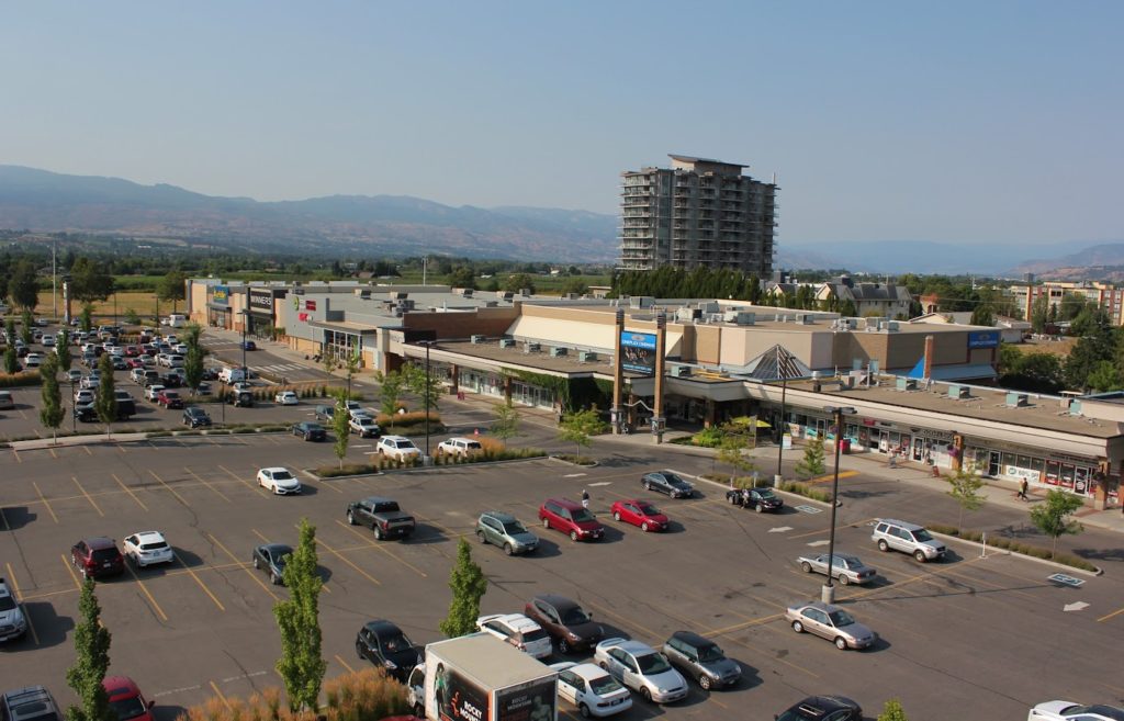 a birds eye view of orchard plaza shopping centre, with cineplex, winners and Lee Valley store signs