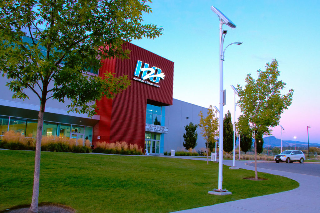 Kelowna H2O fitness centre exterior building at dusk