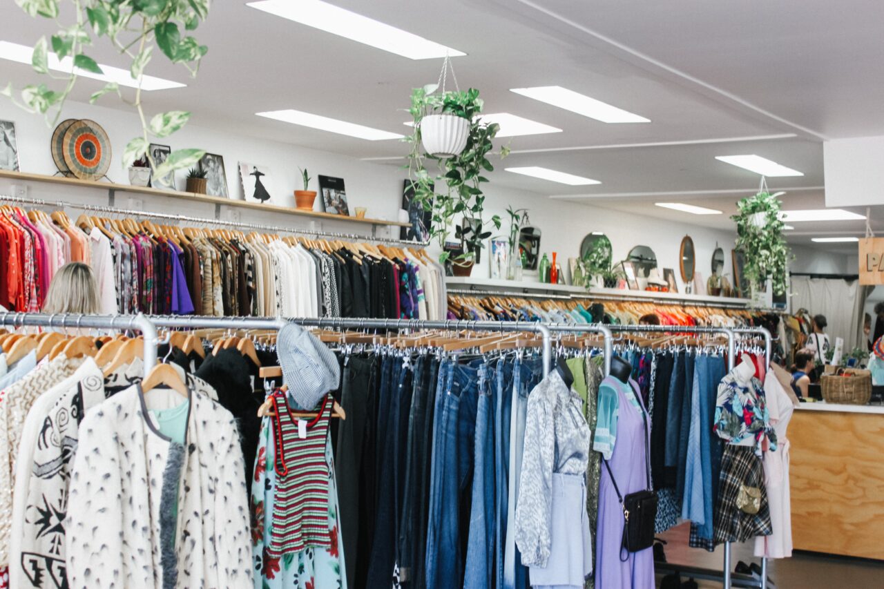 racks of second hand clothing at thrift stores in kelowna