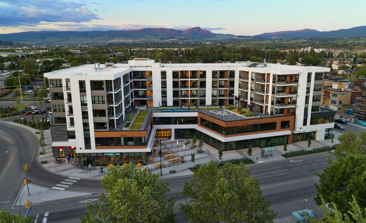 An arial shot of the Shore Kelowna taken from above Lakeshore Drive.