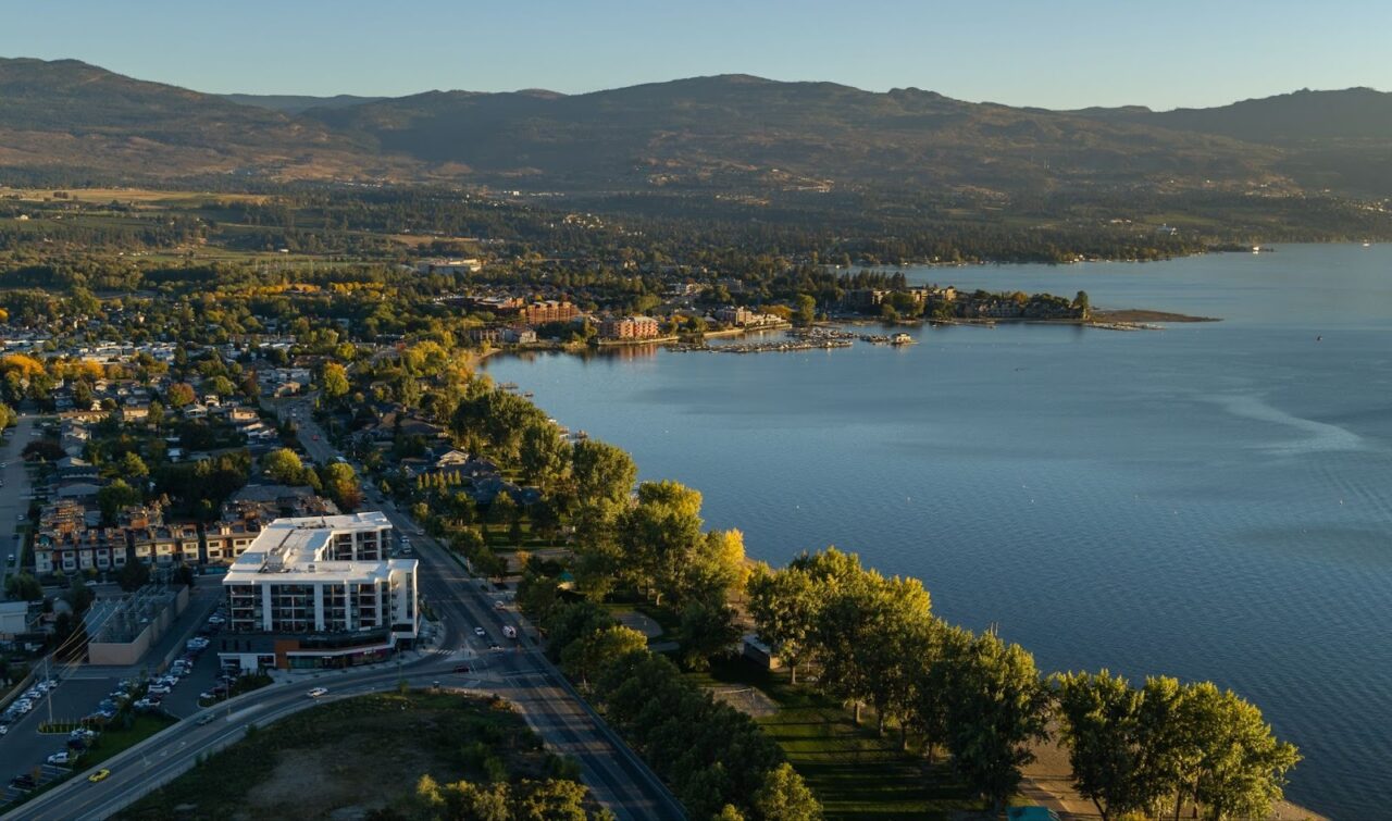 An aerial photo of the Shore, Lakeshore Drive, and Okanagan Lake.