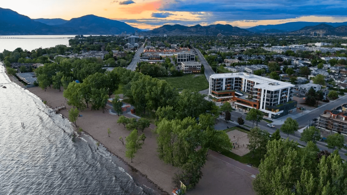 A birds eye view of The Shore Kelowna and the lower mission area, including a few of Kelowna's best restaurants