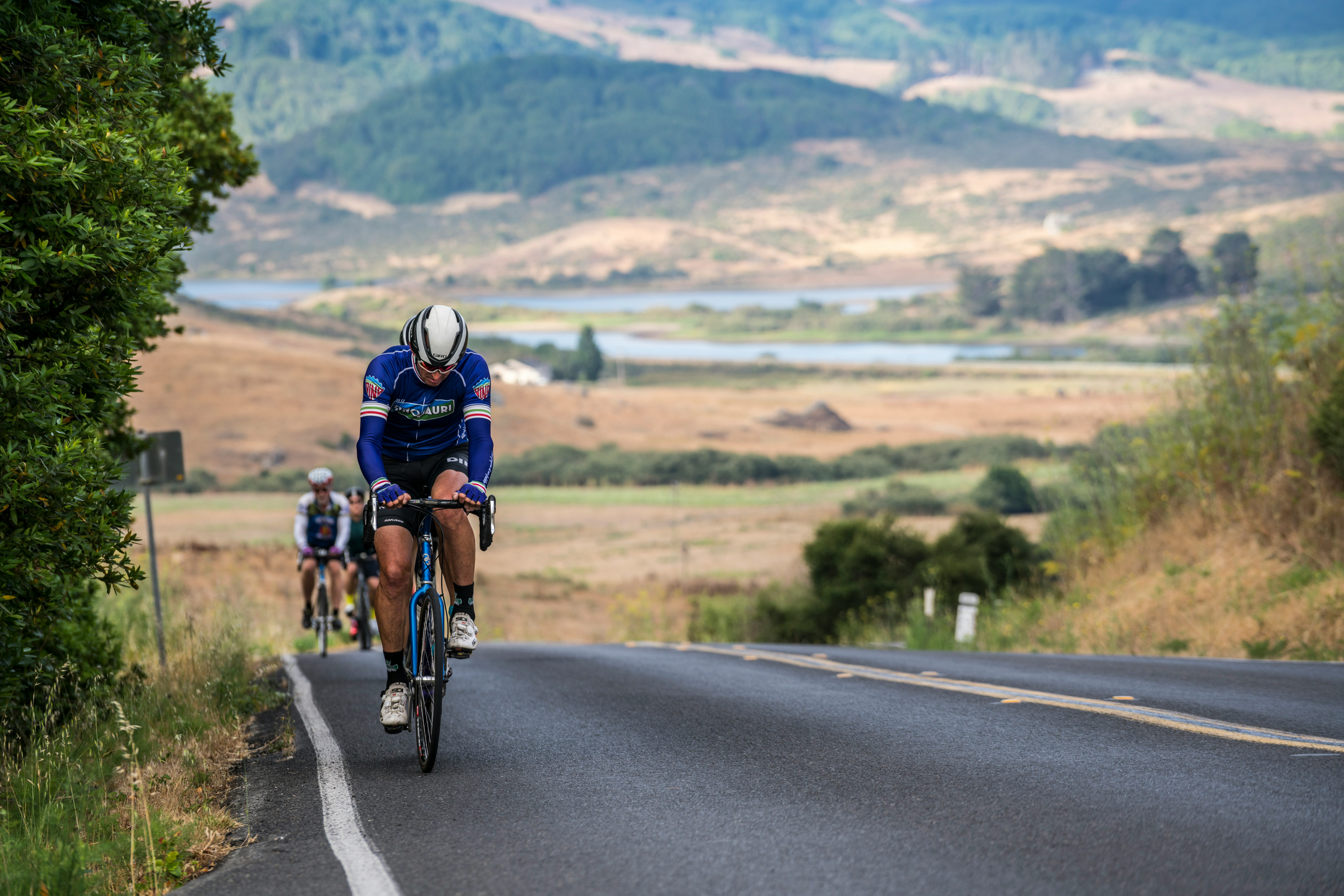 A cyclist wearing a blue cycling jersey and white helmet riding up the side of a road in Okanagan.
